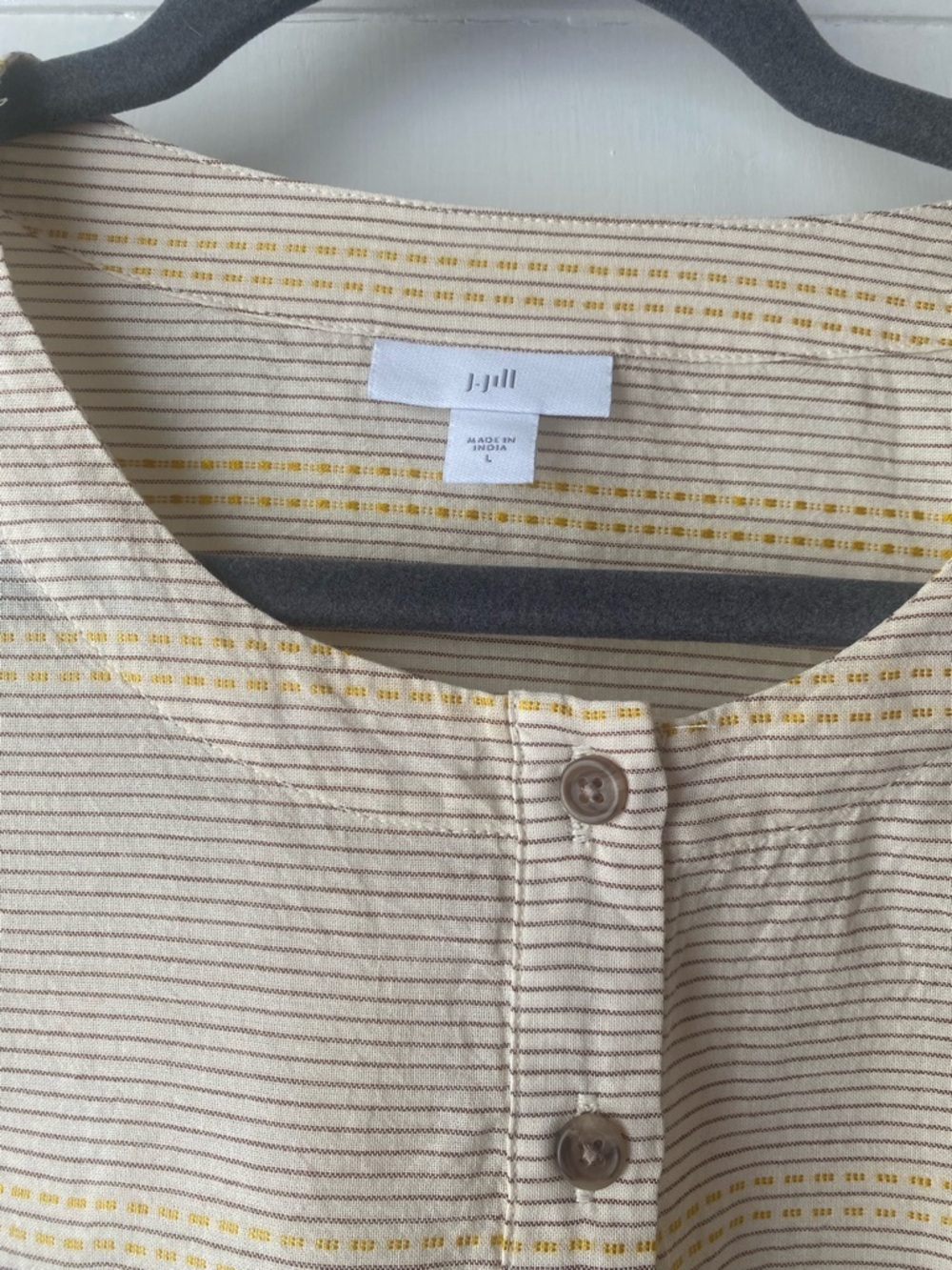 J Jill cream yellow stripe embroidered bell sleeve top blouse L - Picture 2 of 6